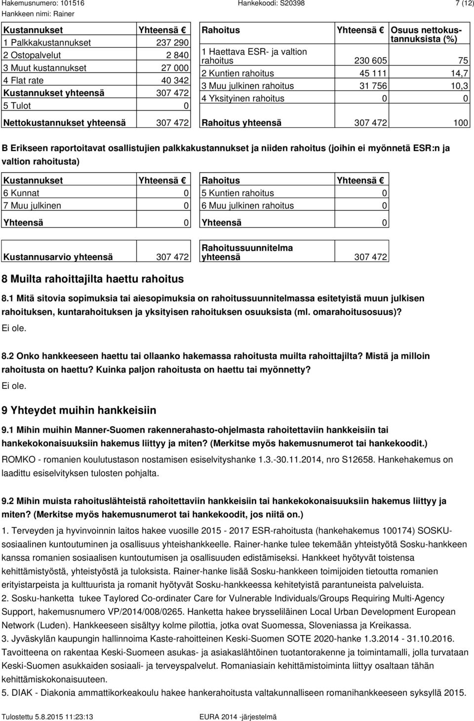 yhteensä 307 472 100 B Erikseen raportoitavat osallistujien palkkakustannukset ja niiden rahoitus (joihin ei myönnetä ESR:n ja valtion rahoitusta) Kustannukset Yhteensä 6 Kunnat 0 7 Muu julkinen 0