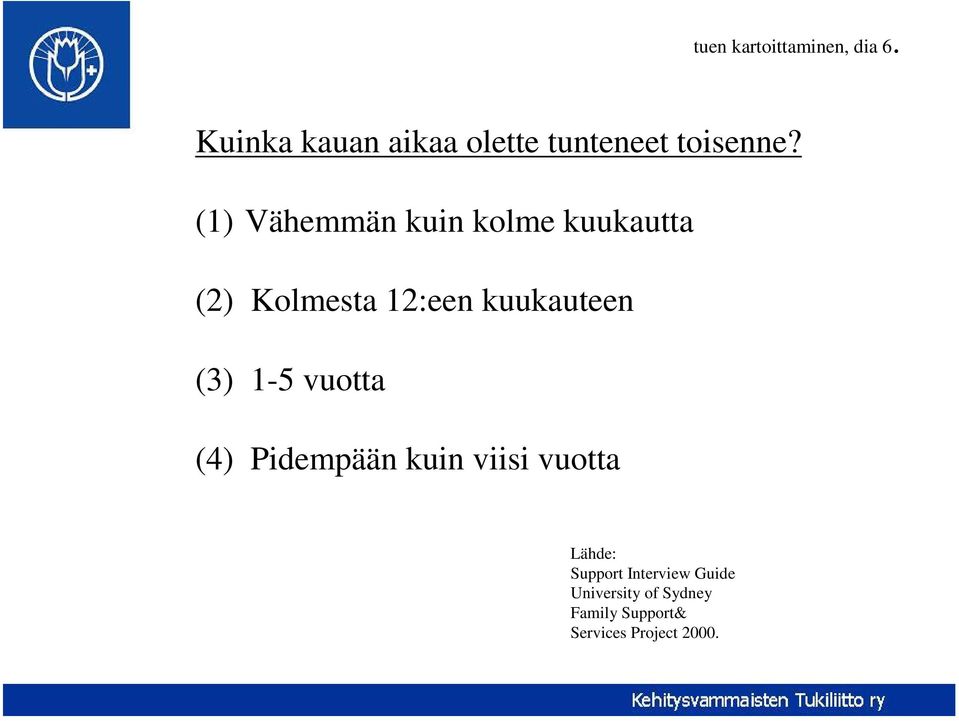 (1) Vähemmän kuin kolme kuukautta (2) Kolmesta 12:een kuukauteen (3)