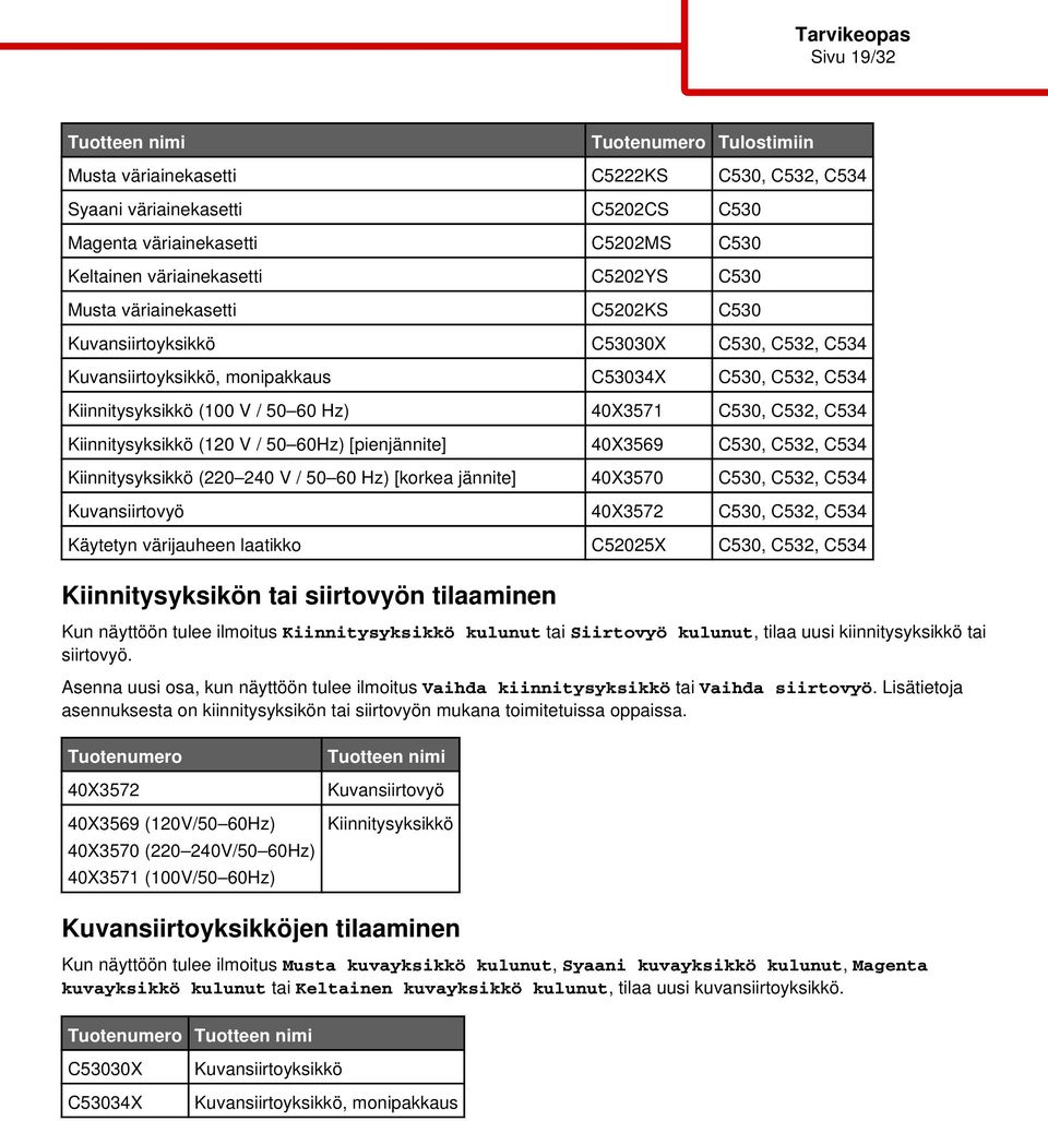 Hz) 40X3571 C530, C532, C534 Kiinnitysyksikkö (120 V / 50 60Hz) [pienjännite] 40X3569 C530, C532, C534 Kiinnitysyksikkö (220 240 V / 50 60 Hz) [korkea jännite] 40X3570 C530, C532, C534 Kuvansiirtovyö