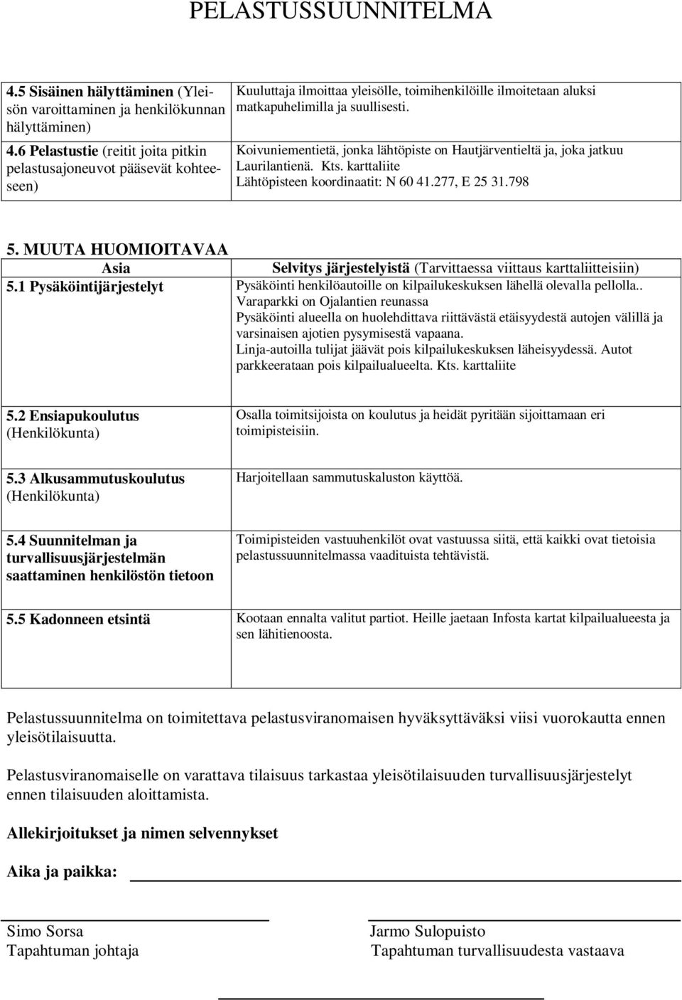 Koivuniementietä, jonka lähtöpiste on Hautjärventieltä ja, joka jatkuu Laurilantienä. Kts. karttaliite Lähtöpisteen koordinaatit: N 60 41.277, E 25 31.798 5.