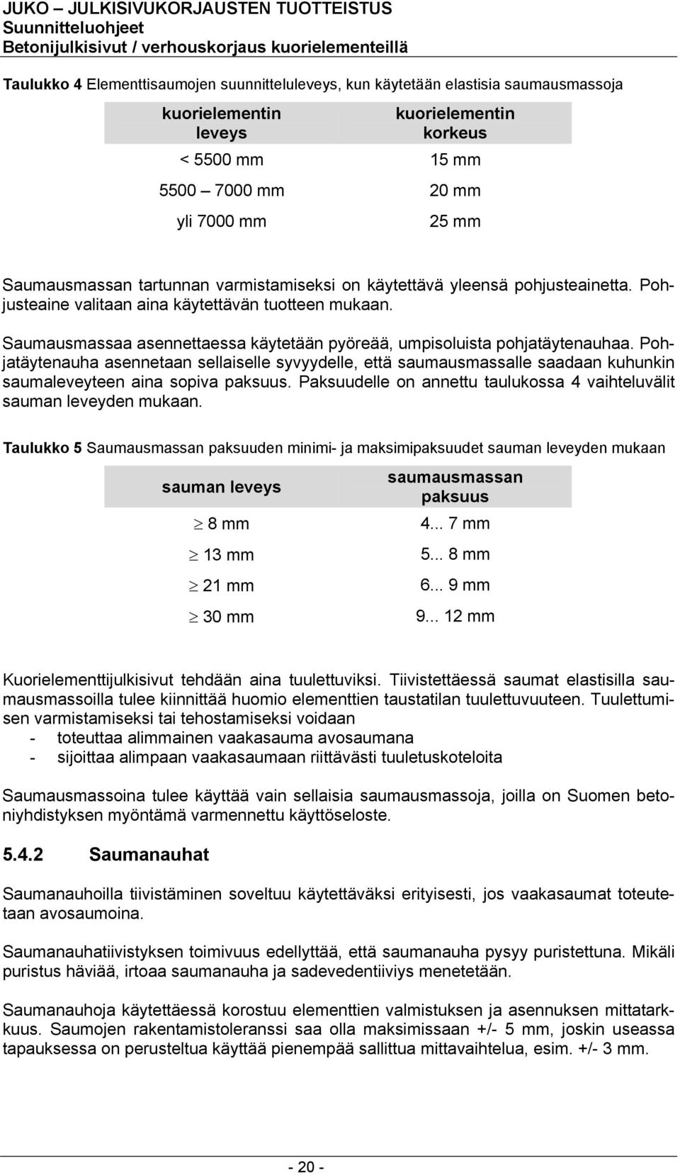 Pohjatäytenauha asennetaan sellaiselle syvyydelle, että saumausmassalle saadaan kuhunkin saumaleveyteen aina sopiva paksuus. Paksuudelle on annettu taulukossa 4 vaihteluvälit sauman leveyden mukaan.