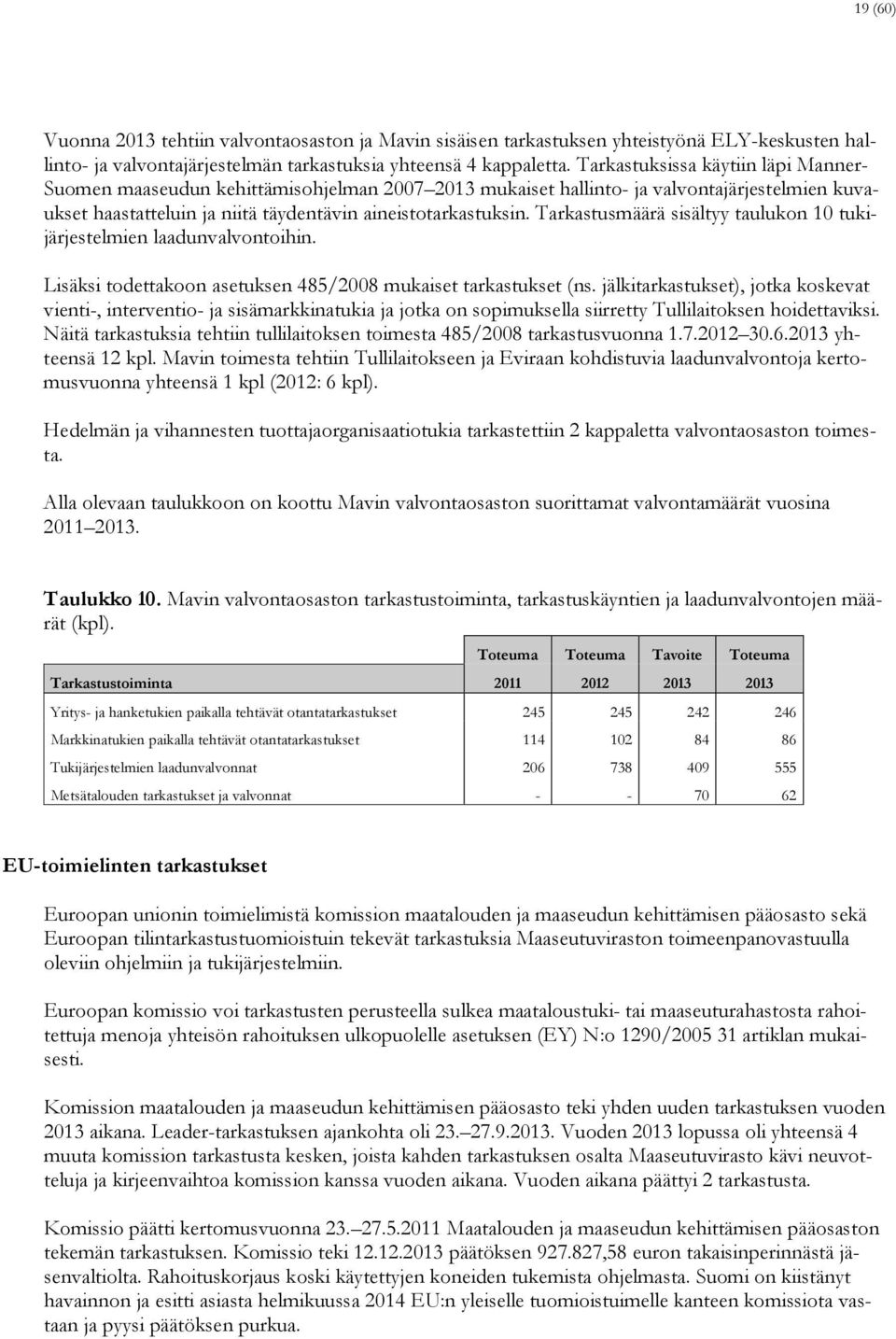 Tarkastusmäärä sisältyy taulukon 10 tukijärjestelmien laadunvalvontoihin. Lisäksi todettakoon asetuksen 485/2008 mukaiset tarkastukset (ns.