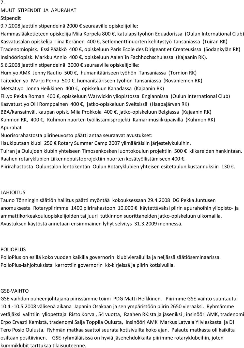 Essi Pääkkö 400, opiskeluun Paris Ecole des Dirigeant et Createusissa (Sodankylän RK) Insinööriopisk. Markku Annio 400, opiskeluun Aalen in Fachhochschulessa (Kajaanin RK). 5.6.