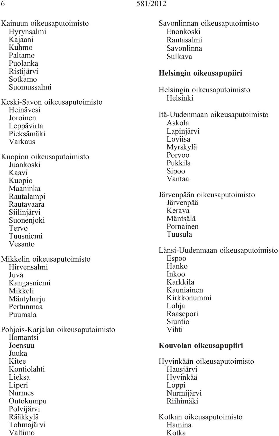 Kontiolahti Lieksa Liperi Nurmes Outokumpu Polvijärvi Rääkkylä Tohmajärvi Valtimo Savonlinnan Enonkoski Rantasalmi Savonlinna Sulkava Helsingin oikeusapupiiri Helsingin Helsinki Itä-Uudenmaan Askola