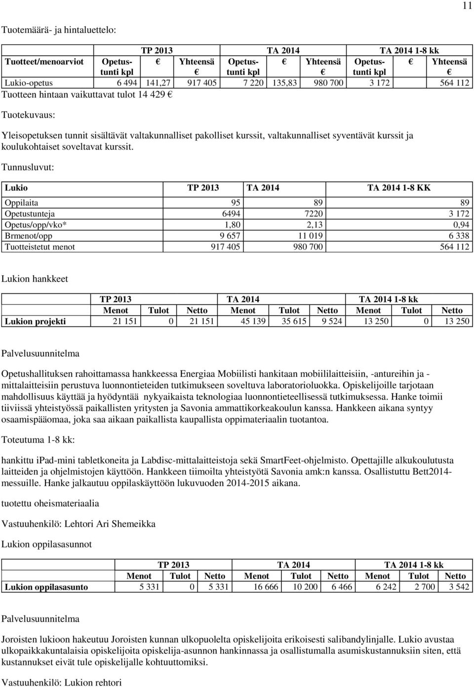 Tunnusluvut: Lukio TP 2013 TA 2014 TA 2014 1-8 KK Oppilaita 95 89 89 Opetustunteja 6494 7220 3 172 Opetus/opp/vko* 1,80 2,13 0,94 Brmenot/opp 9 657 11 019 6 338 Tuotteistetut menot 917 405 980 700