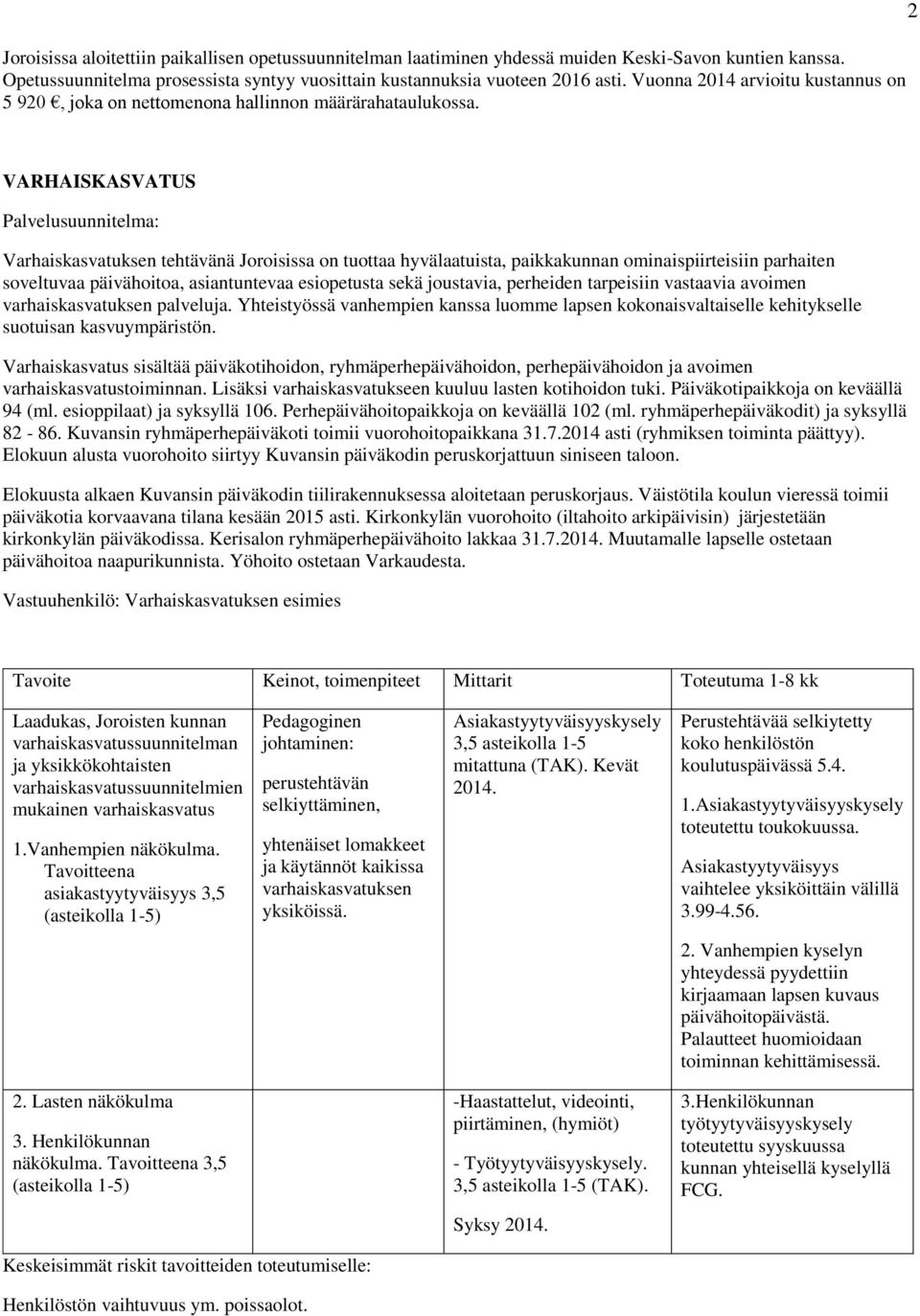 2 VARHAISKASVATUS Varhaiskasvatuksen tehtävänä Joroisissa on tuottaa hyvälaatuista, paikkakunnan ominaispiirteisiin parhaiten soveltuvaa päivähoitoa, asiantuntevaa esiopetusta sekä joustavia,