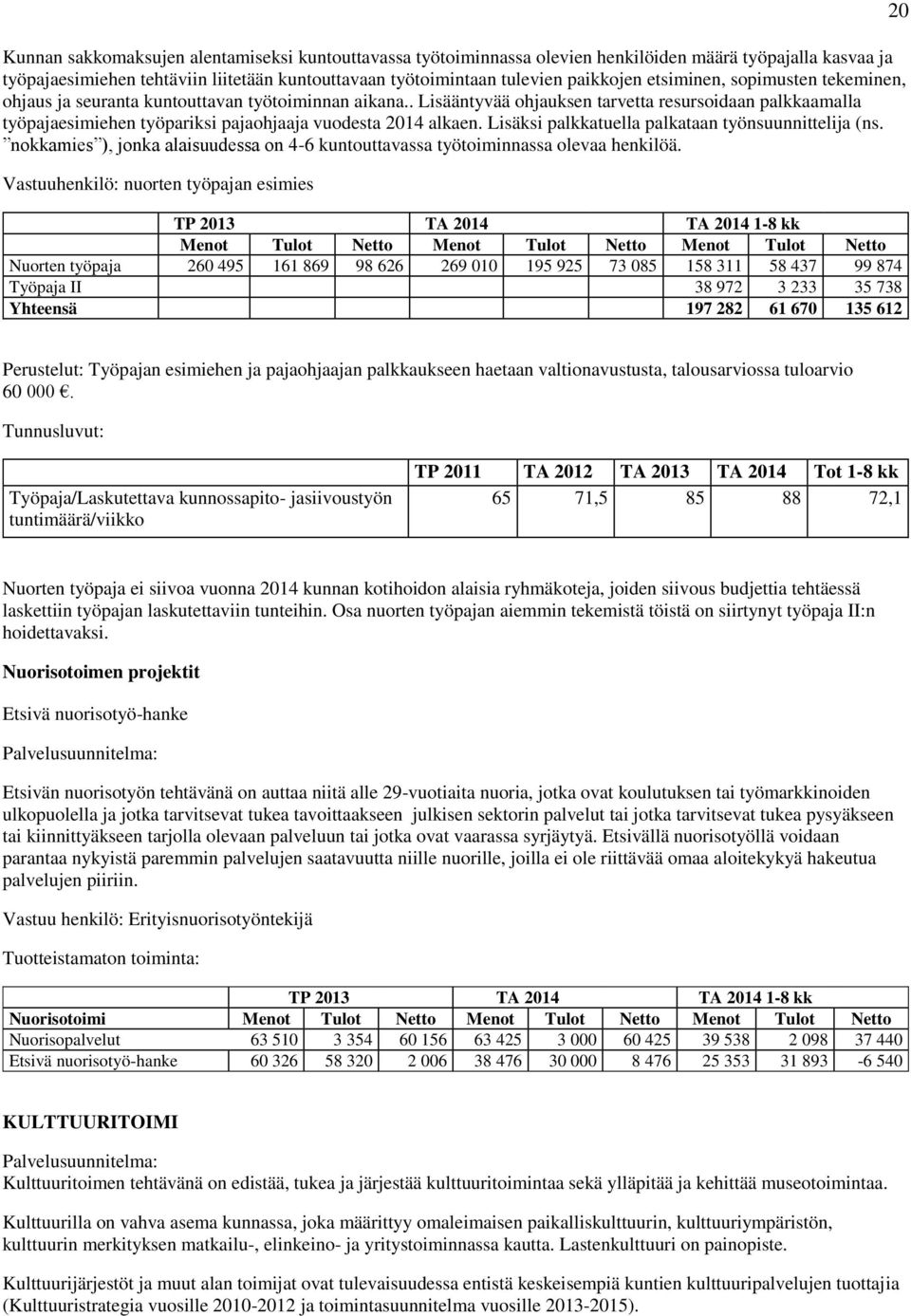 . Lisääntyvää ohjauksen tarvetta resursoidaan palkkaamalla työpajaesimiehen työpariksi pajaohjaaja vuodesta 2014 alkaen. Lisäksi palkkatuella palkataan työnsuunnittelija (ns.