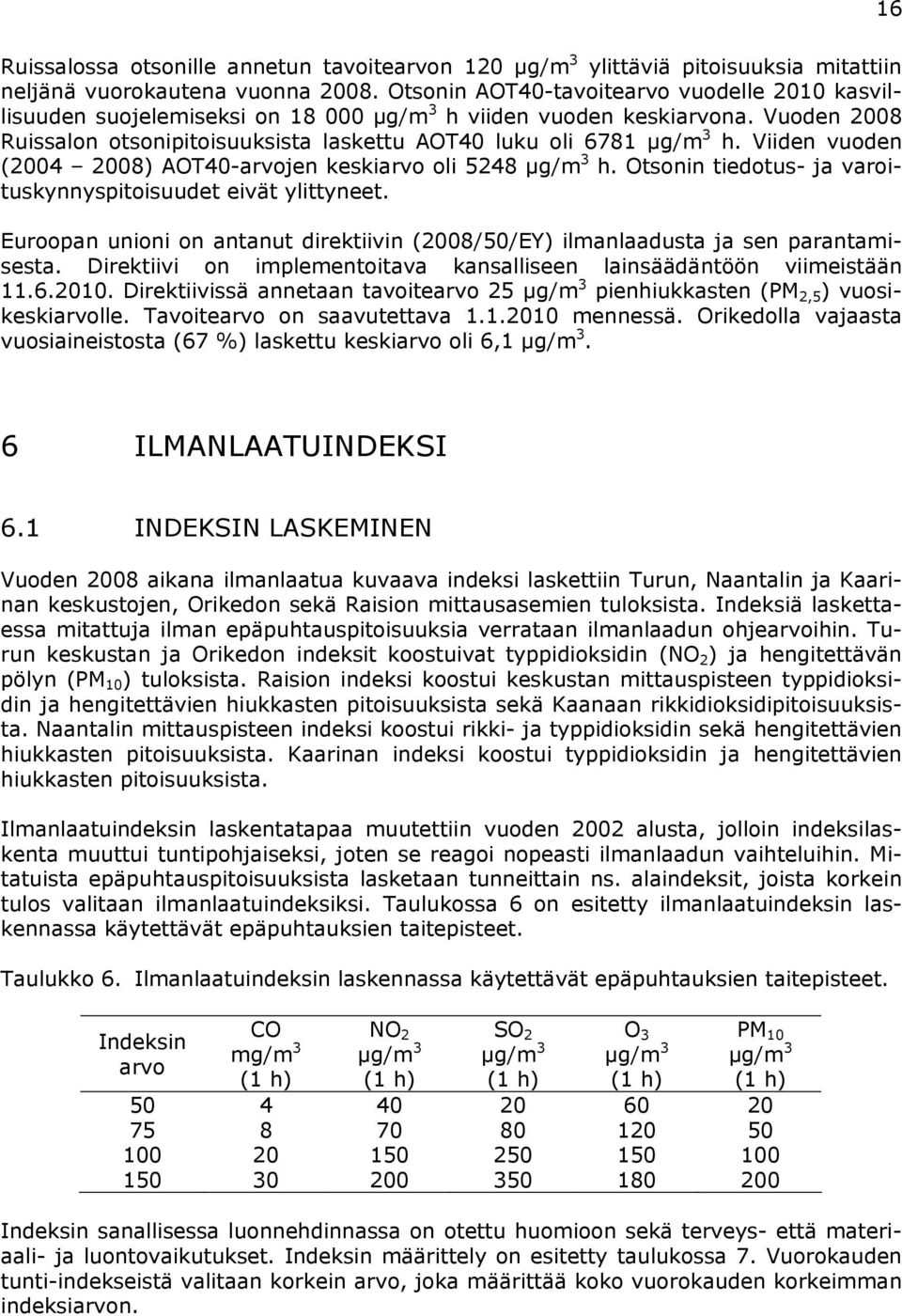 Viiden vuoden (24 28) AOT4-arvojen keskiarvo oli 5248 µg/m 3 h. Otsonin tiedotus- ja varoituskynnyspitoisuudet eivät ylittyneet.