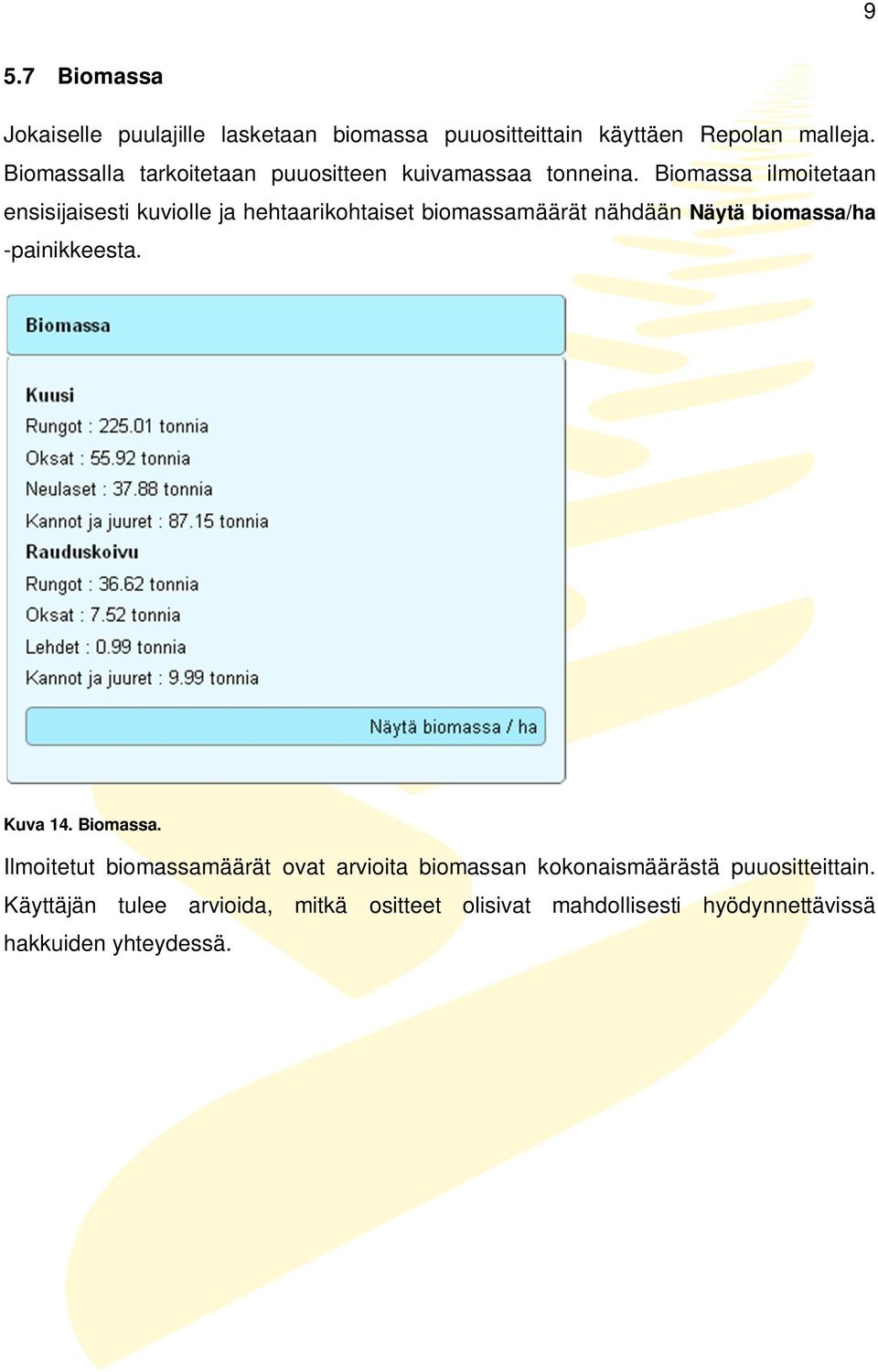 Biomassa ilmoitetaan ensisijaisesti kuviolle ja hehtaarikohtaiset biomassamäärät nähdään Näytä biomassa/ha -painikkeesta.