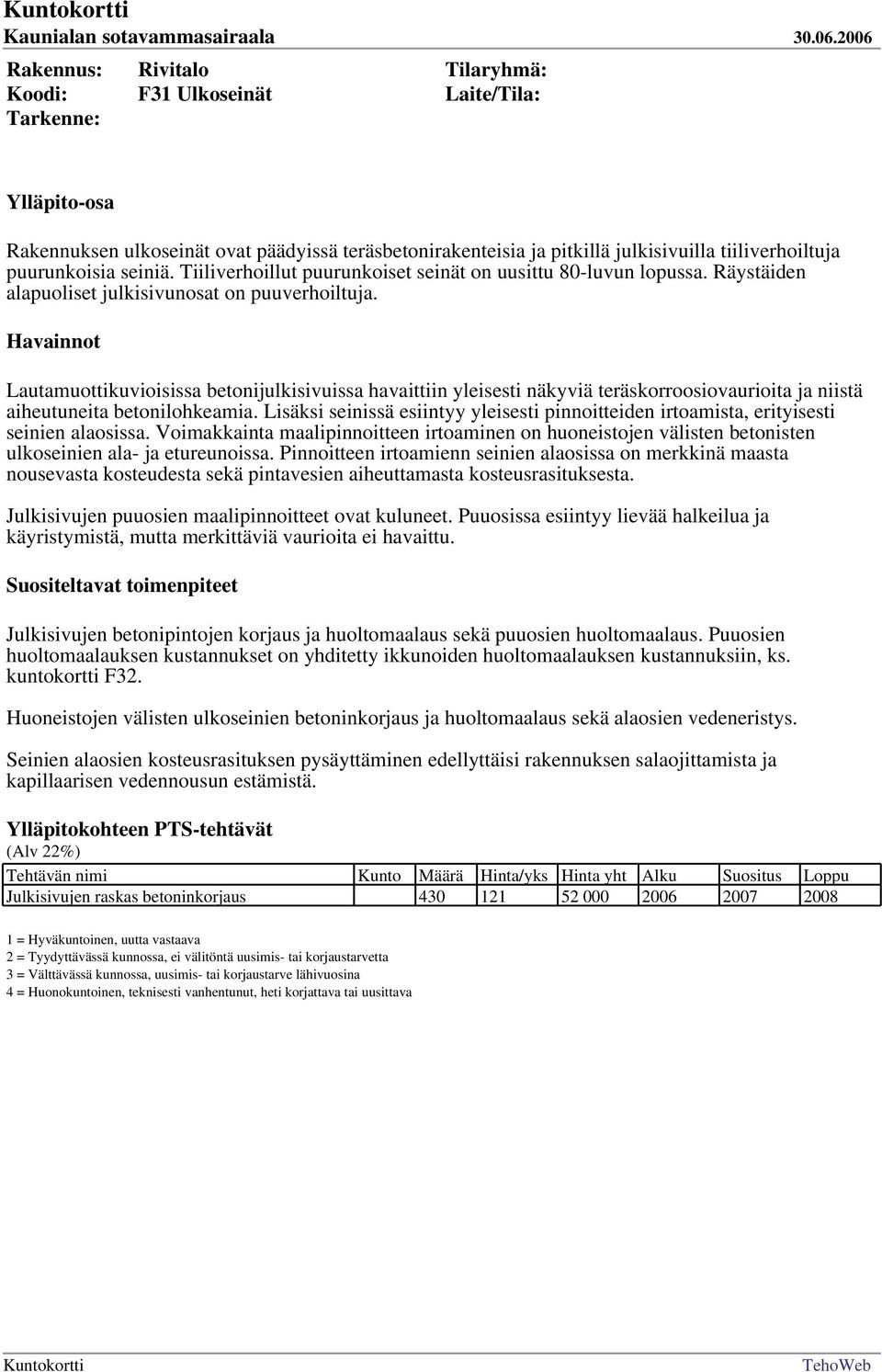 Lautamuottikuvioisissa betonijulkisivuissa havaittiin yleisesti näkyviä teräskorroosiovaurioita ja niistä aiheutuneita betonilohkeamia.