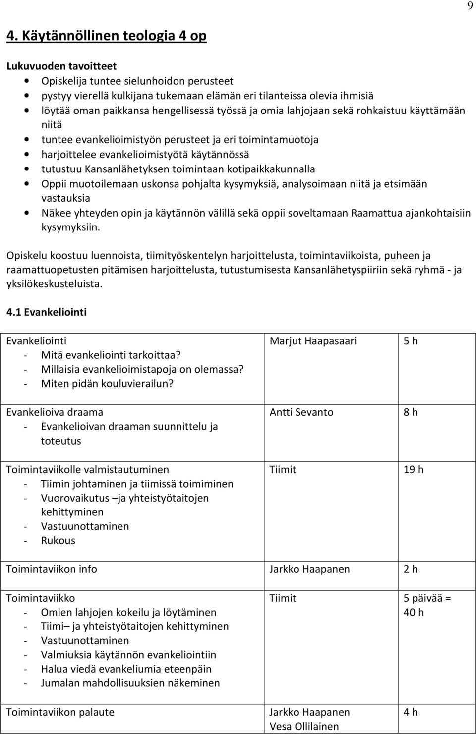 toimintaan kotipaikkakunnalla Oppii muotoilemaan uskonsa pohjalta kysymyksiä, analysoimaan niitä ja etsimään vastauksia Näkee yhteyden opin ja käytännön välillä sekä oppii soveltamaan Raamattua