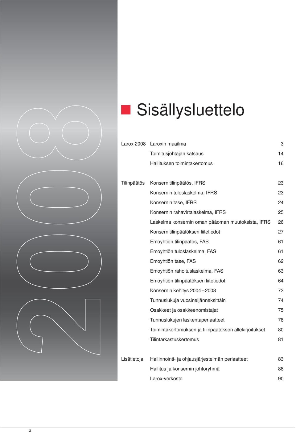 Emoyhtiön tase, FAS 62 Emoyhtiön rahoituslaskelma, FAS 63 Emoyhtiön tilinpäätöksen liitetiedot 64 Konsernin kehitys 2004 2008 73 Tunnuslukuja vuosineljänneksittäin 74 Osakkeet ja osakkeenomistajat 75