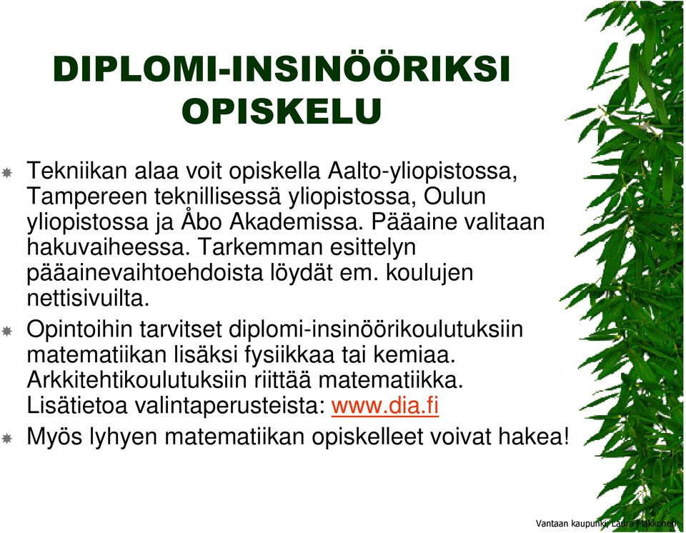 koulujen nettisivuilta. Opintoihin tarvitset diplomi-insinöörikoulutuksiin matematiikan lisäksi fysiikkaa tai kemiaa.