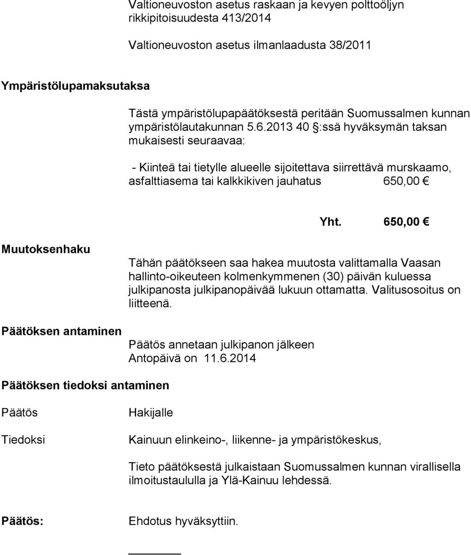 2013 40 :ssä hyväksymän taksan mukaisesti seuraavaa: - Kiinteä tai tietylle alueelle sijoitettava siirrettävä murskaamo, asfalttiasema tai kalkkikiven jauhatus 650,00 Yht.
