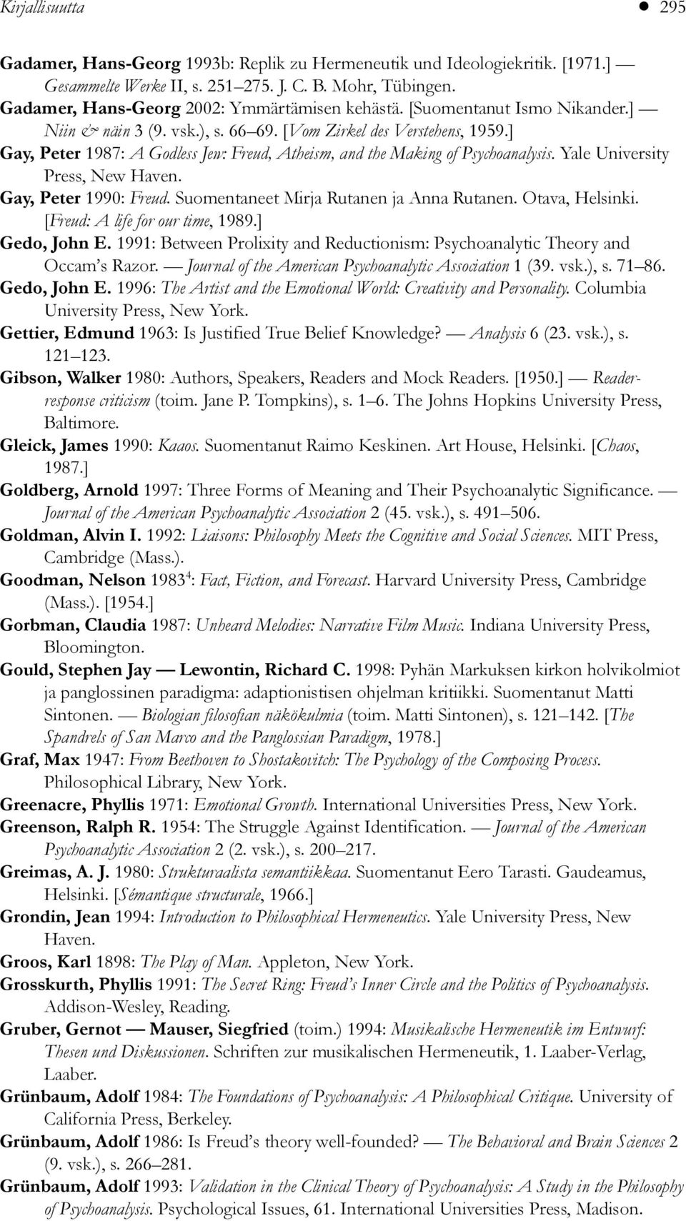 ] Gay, Peter 1987: A Godless Jew: Freud, Atheism, and the Making of Psychoanalysis. Yale University Press, New Haven. Gay, Peter 1990: Freud. Suomentaneet Mirja Rutanen ja Anna Rutanen.