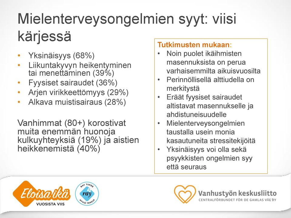 puolet ikäihmisten masennuksista on perua varhaisemmilta aikuisvuosilta Perinnöllisellä alttiudella on merkitystä Eräät fyysiset sairaudet altistavat