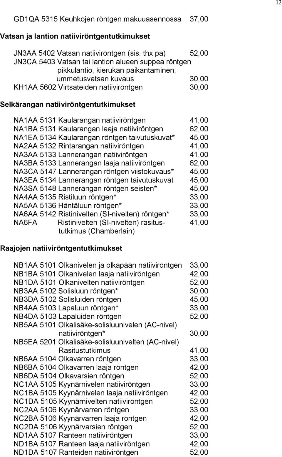 natiiviröntgentutkimukset NA1AA 5131 Kaularangan natiiviröntgen 41,00 NA1BA 5131 Kaularangan laaja natiiviröntgen 62,00 NA1EA 5134 Kaularangan röntgen taivutuskuvat* 45,00 NA2AA 5132 Rintarangan