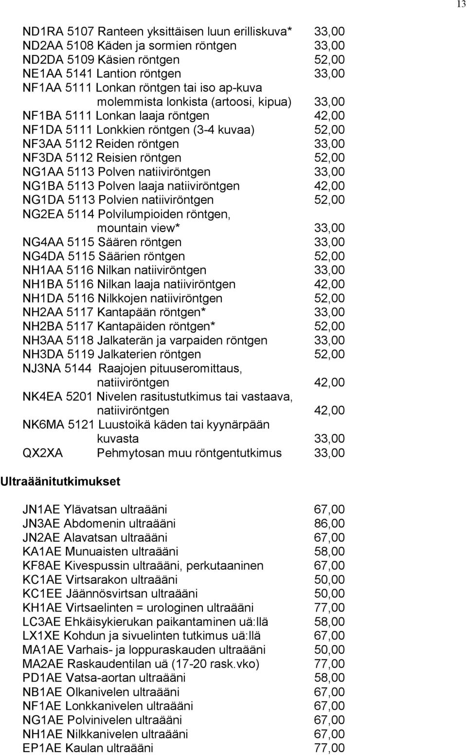 NG1AA 5113 Polven natiiviröntgen 33,00 NG1BA 5113 Polven laaja natiiviröntgen 42,00 NG1DA 5113 Polvien natiiviröntgen 52,00 NG2EA 5114 Polvilumpioiden röntgen, mountain view* 33,00 NG4AA 5115 Säären