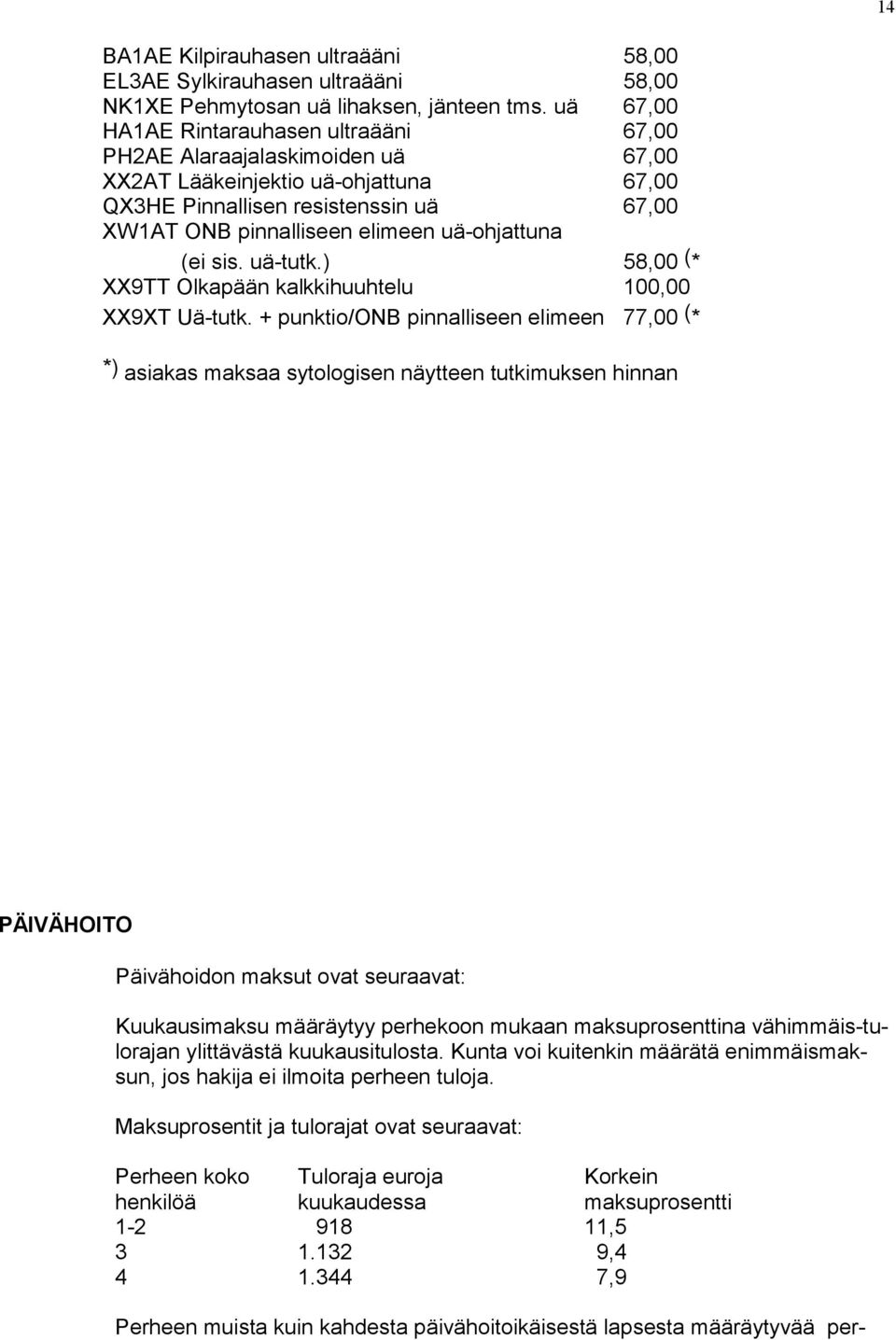 uä-ohjattuna (ei sis. uä-tutk.) 58,00 ( * XX9TT Olkapään kalkkihuuhtelu 100,00 XX9XT Uä-tutk.