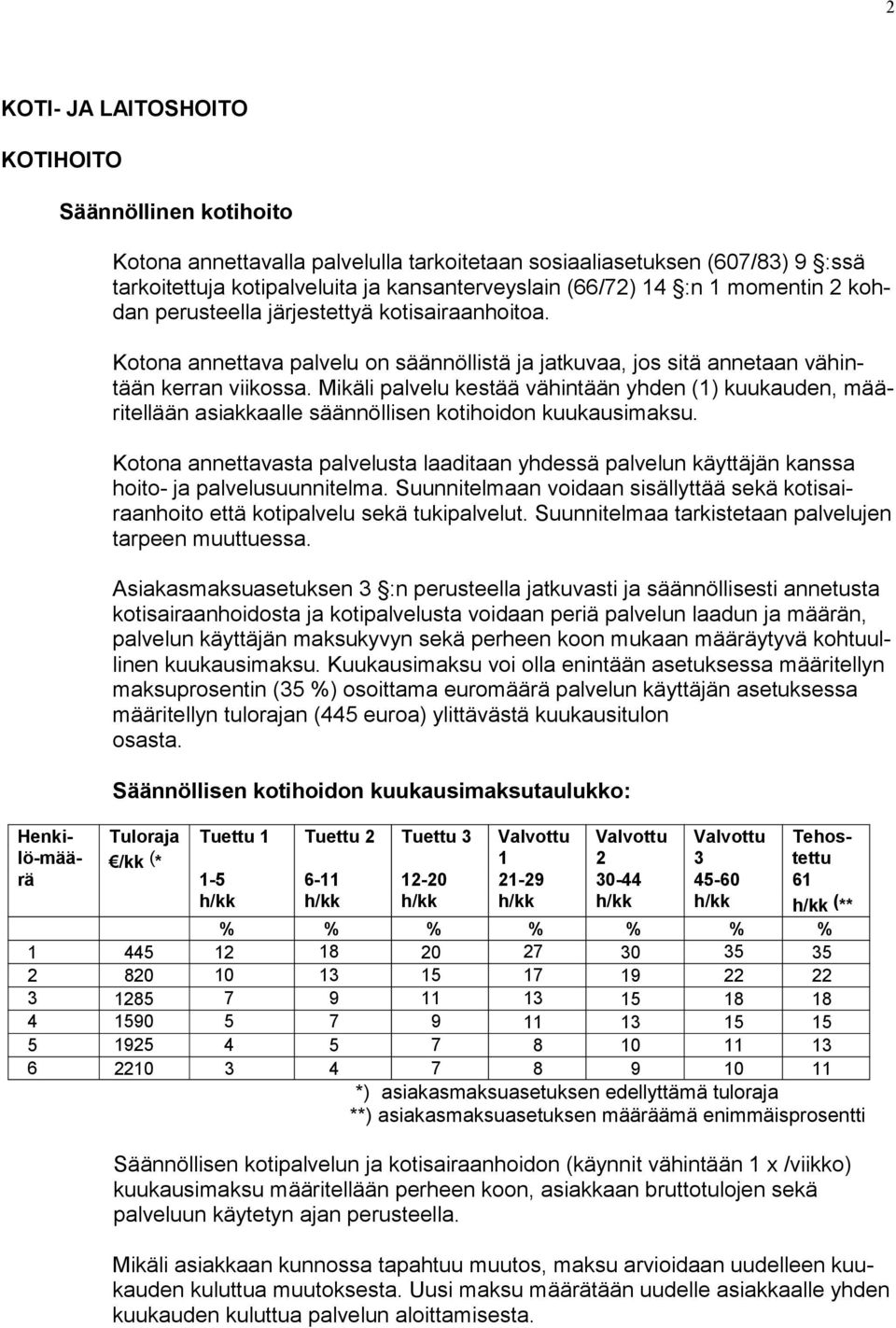 Mikäli palvelu kestää vähintään yhden (1) kuukauden, määritellään asiakkaalle säännöllisen kotihoidon kuukausimaksu.