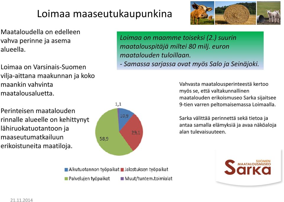 Perinteisen maatalouden rinnalle alueelle on kehittynyt lähiruokatuotantoon ja maaseutumatkailuun erikoistuneita maatiloja. Loimaa on maamme toiseksi (2.