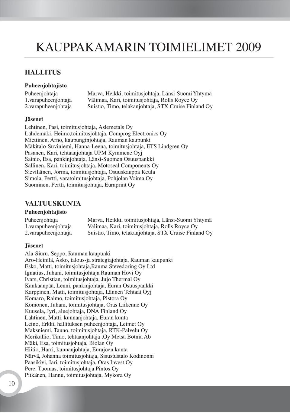 toimitusjohtaja, Aslemetals Oy Lähdemäki, Heimo,toimitusjohtaja, Comprog Electronics Oy Miettinen, Arno, kaupunginjohtaja, Rauman kaupunki Mäkitalo-Suviniemi, Hanna-Leena, toimitusjohtaja, ETS