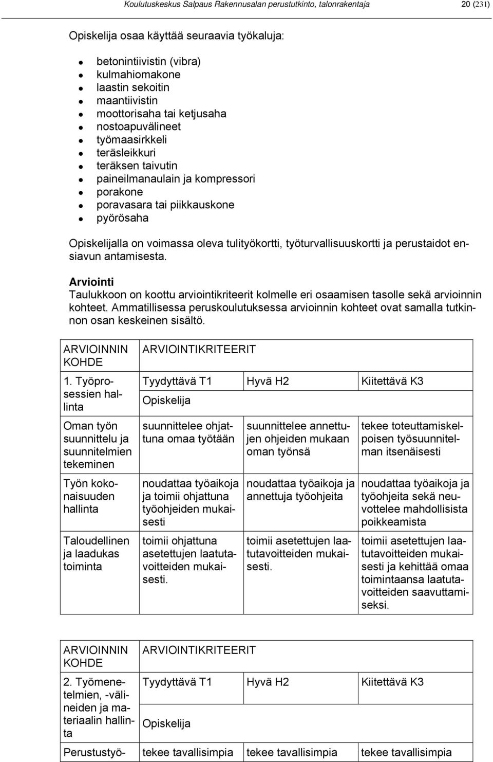 työturvallisuuskortti ja perustaidot ensiavun antamisesta. Arviointi Taulukkoon on koottu arviointikriteerit kolmelle eri osaamisen tasolle sekä arvioinnin kohteet.