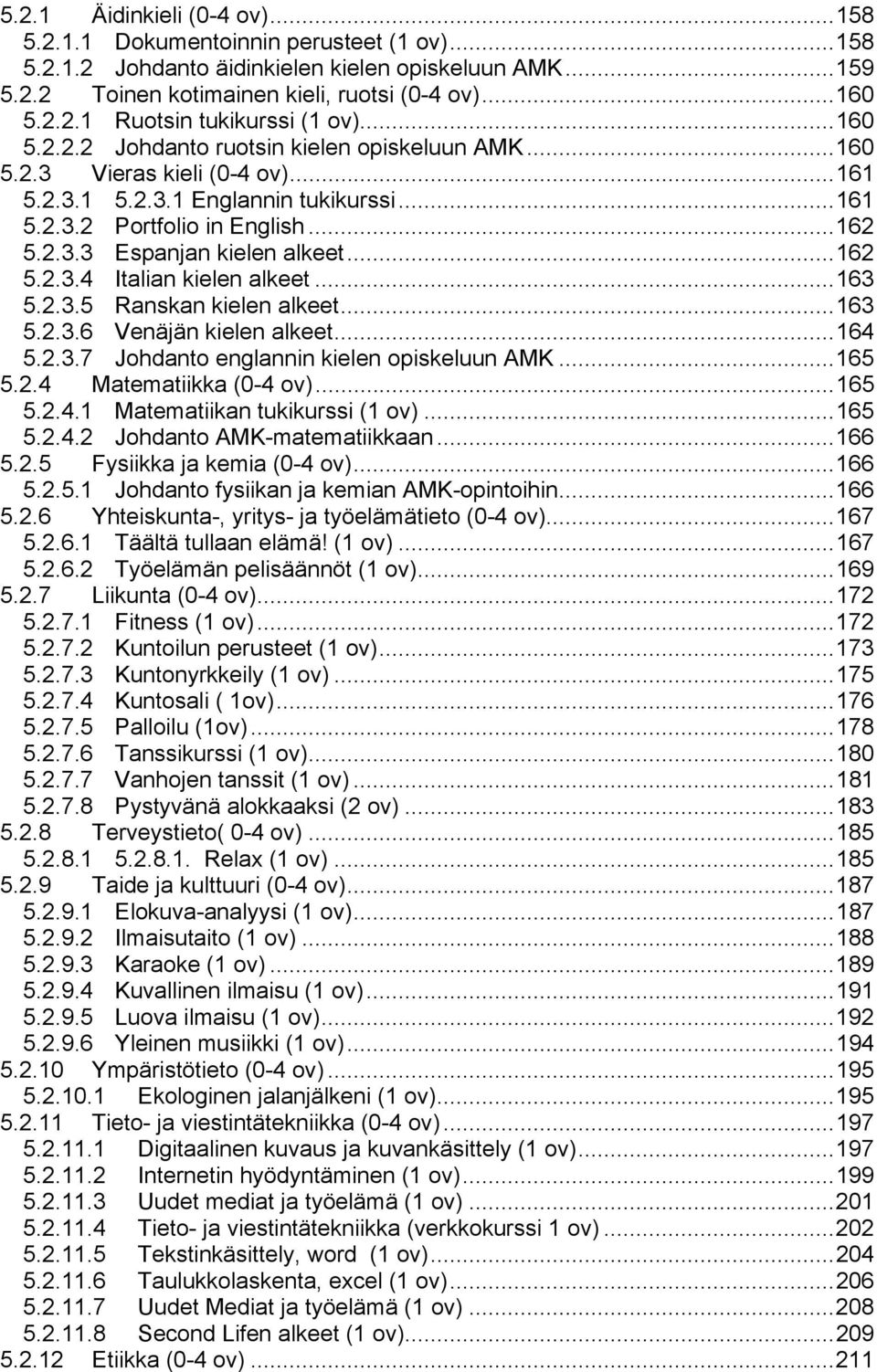 .. 162 5.2.3.4 Italian kielen alkeet... 163 5.2.3.5 Ranskan kielen alkeet... 163 5.2.3.6 Venäjän kielen alkeet... 164 5.2.3.7 Johdanto englannin kielen opiskeluun AMK... 165 5.2.4 Matematiikka (0-4 ov).