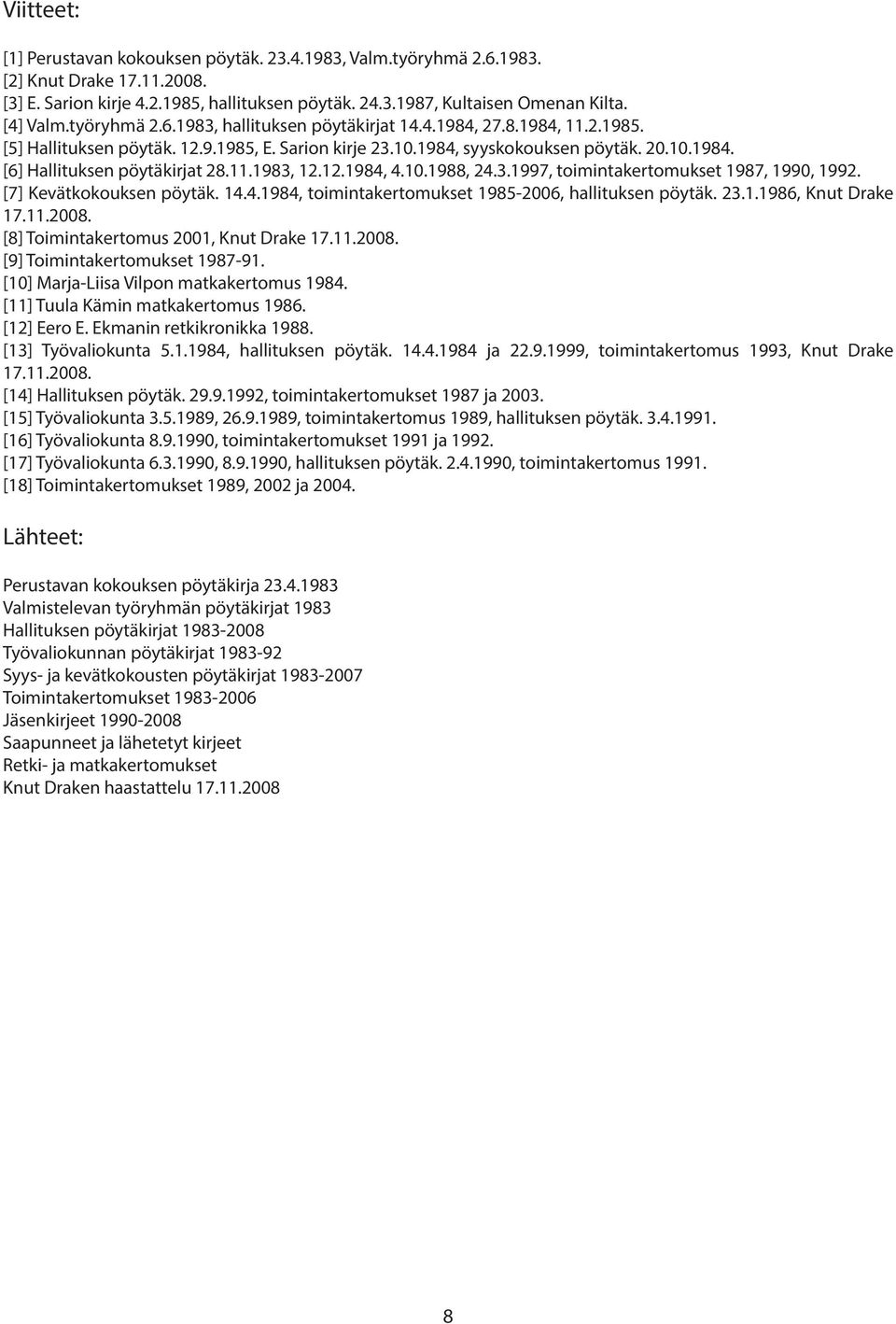 11.1983, 12.12.1984, 4.10.1988, 24.3.1997, toimintakertomukset 1987, 1990, 1992. [7] Kevätkokouksen pöytäk. 14.4.1984, toimintakertomukset 1985-2006, hallituksen pöytäk. 23.1.1986, Knut Drake 17.11.2008.