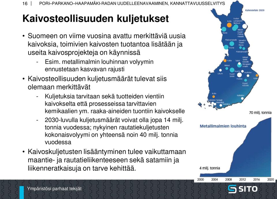 kaivokselta että prosesseissa tarvittavien kemikaalien ym. raaka-aineiden tuontiin kaivokselle - 2030-luvulla kuljetusmäärät voivat olla jopa 14 milj.