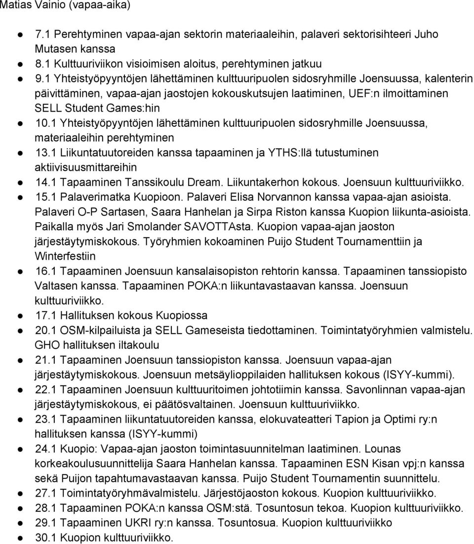 1 Yhteistyöpyyntöjen lähettäminen kulttuuripuolen sidosryhmille Joensuussa, materiaaleihin perehtyminen 13.1 Liikuntatuutoreiden kanssa tapaaminen ja YTHS:llä tutustuminen aktiivisuusmittareihin 14.