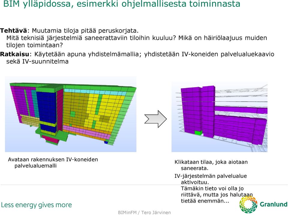 Ratkaisu: Käytetään apuna yhdistelmämallia; yhdistetään IV-koneiden palvelualuekaavio sekä IV-suunnitelma Avataan rakennuksen