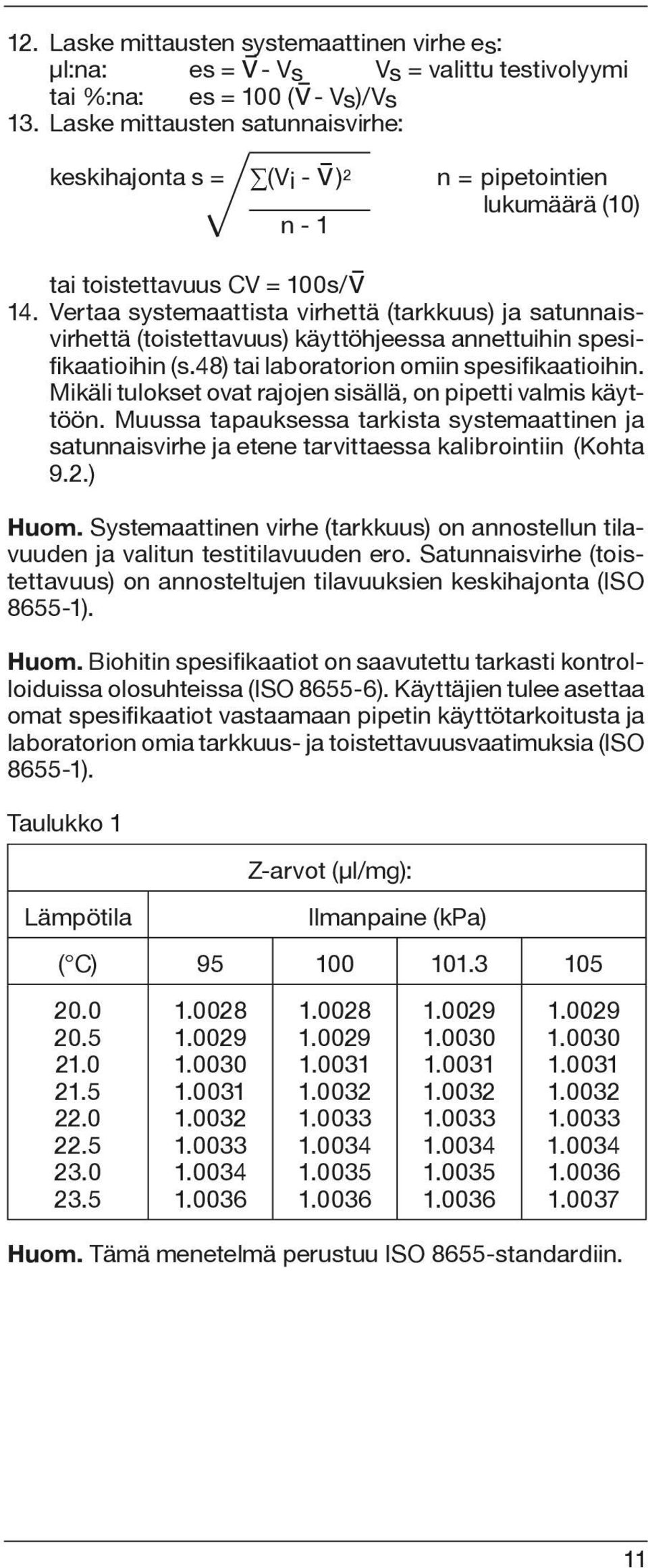 Vertaa systemaattista virhettä (tarkkuus) ja satunnaisvirhettä (toistettavuus) käyttöhjeessa annettuihin spesifikaatioihin (s.48) tai laboratorion omiin spesifikaatioihin.