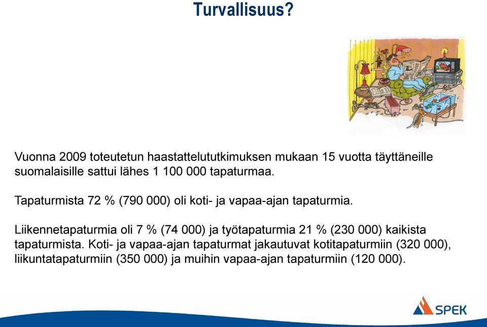 000 tapaturmaa. Tapaturmista 72 % (790 000) oli koti- ja vapaa-ajan tapaturmia.