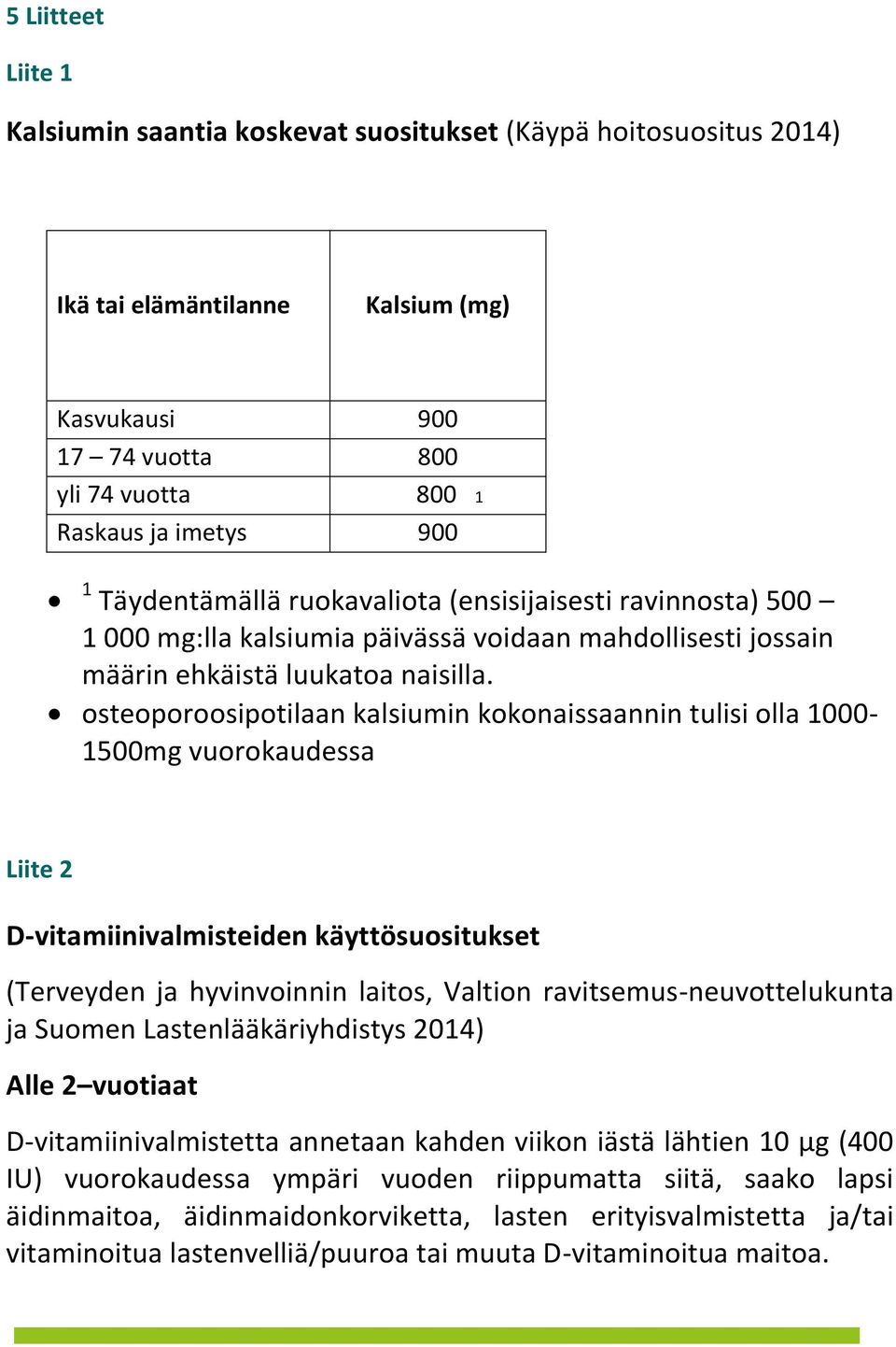 osteoporoosipotilaan kalsiumin kokonaissaannin tulisi olla 1000-1500mg vuorokaudessa Liite 2 D-vitamiinivalmisteiden käyttösuositukset (Terveyden ja hyvinvoinnin laitos, Valtion