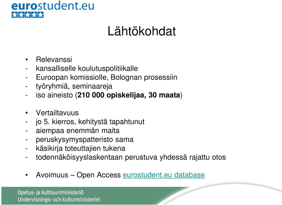 kierros, kehitystä tapahtunut - aiempaa enemmän maita - peruskysymyspatteristo sama - käsikirja