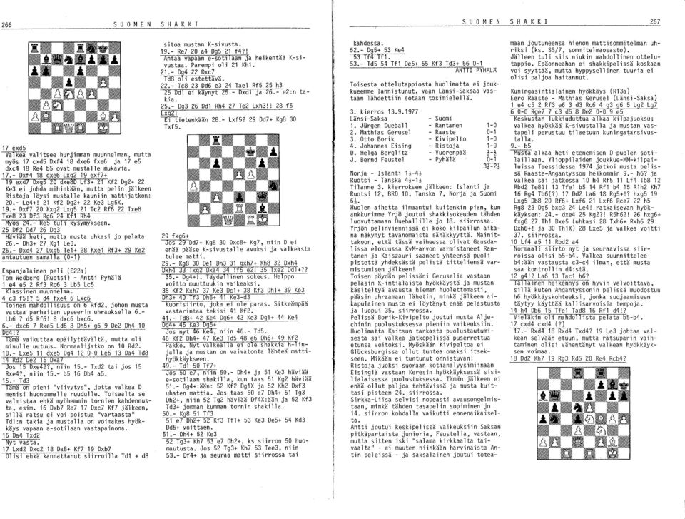 20 Kxg2 LxgS 21 Te2 Rf6 22 Txe8 Txe8 23 Df3 Rg6 24 Kfl Rh4 Myös 24.- ReS tuli kysymykseen. 2S Df2 Dd? 26 Dg3 Häviää heti, mutta musta uhkasi jo pelata 26.- Dh3+ 2? Kgl Le3. 26.- Dxd4 2?