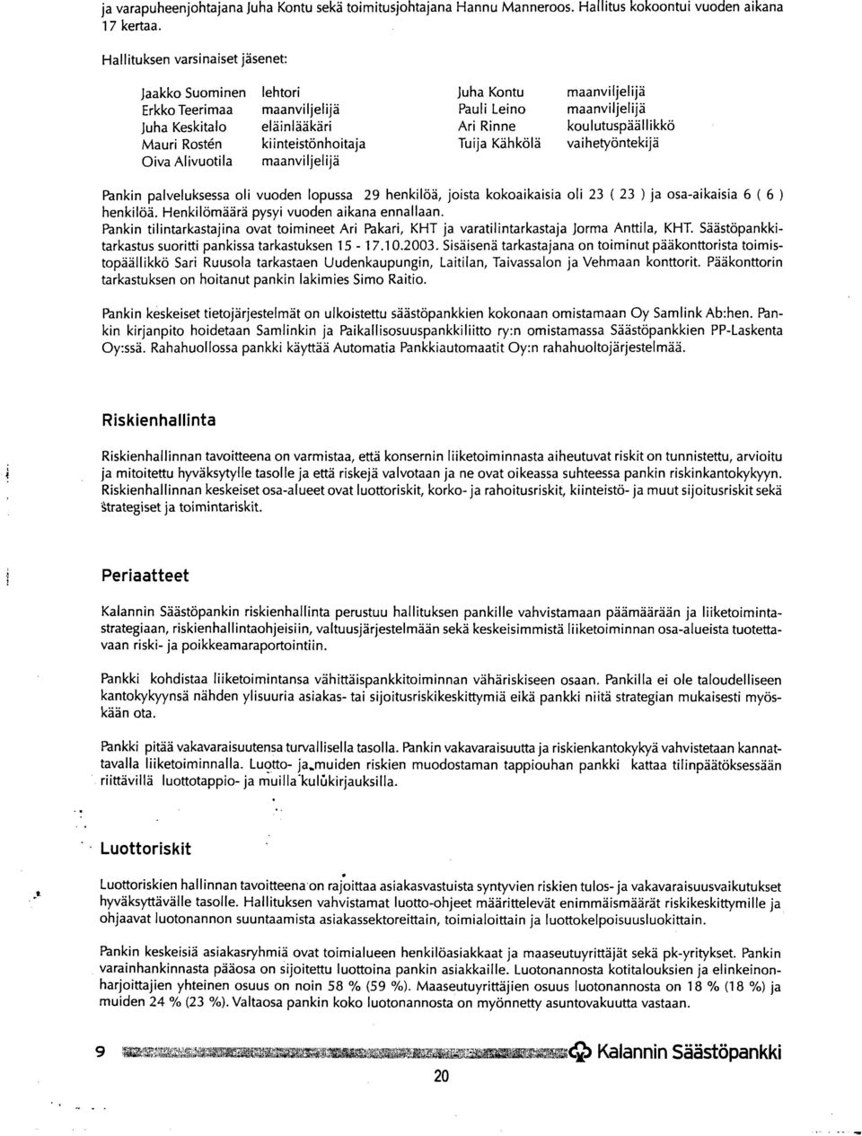 Mauri Rosten kiinteistönhoitaja Tuija Kä h kö I ä vai hetyönte ki jä Oiva Alivuotila maanviljelijä Pankin palveluksessa oli vuoden lopussa 29 henkilöä, joista kokoaikaisia oli 23 ( 23 ) ja