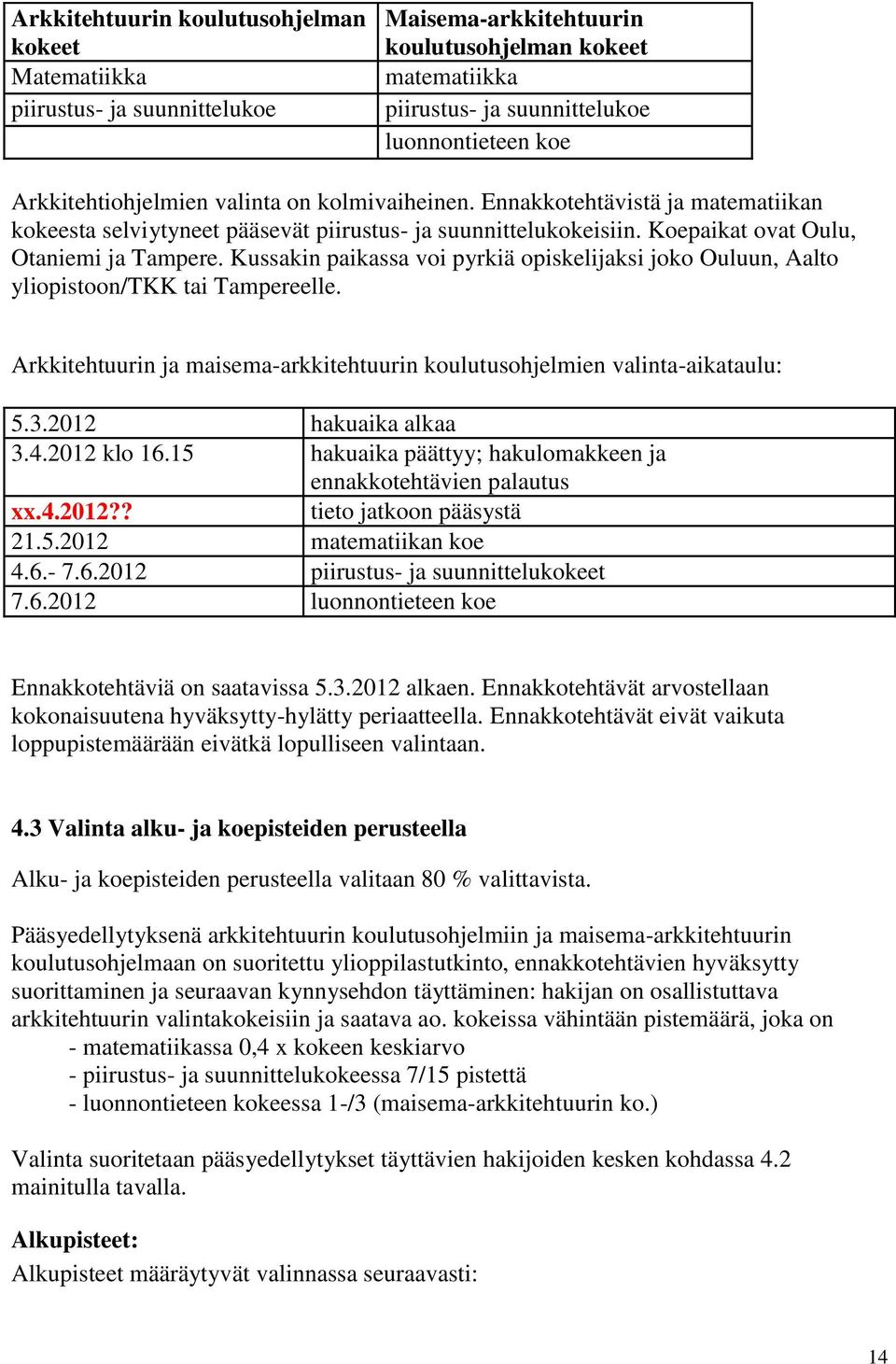 Kussakin paikassa voi pyrkiä opiskelijaksi joko Ouluun, Aalto yliopistoon/tkk tai Tampereelle. Arkkitehtuurin ja maisema-arkkitehtuurin koulutusohjelmien valinta-aikataulu: 5.3.2012 hakuaika alkaa 3.