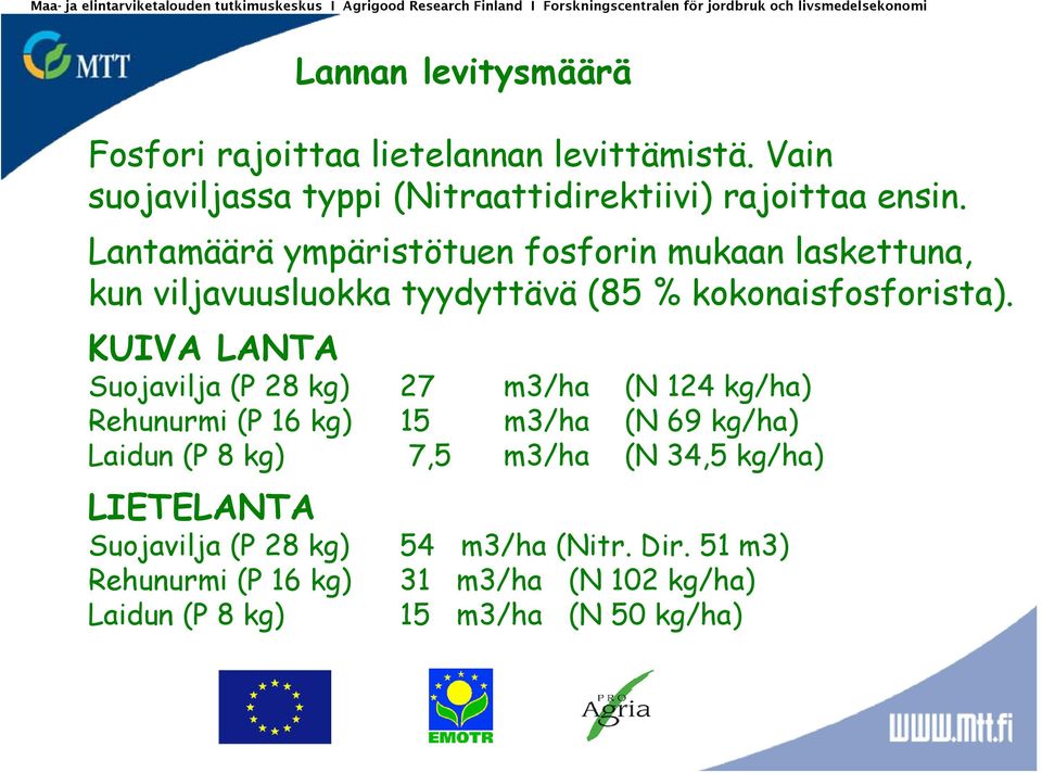 Lantamäärä ympäristötuen fosforin mukaan laskettuna, kun viljavuusluokka tyydyttävä (85 % kokonaisfosforista).