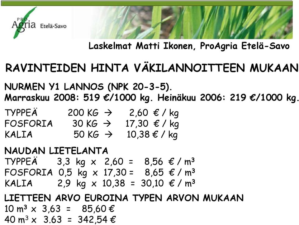 TYPPEÄ 200 KG 2,60 / kg FOSFORIA 30 KG 17,30 / kg KALIA 50 KG 10,38 / kg NAUDAN LIETELANTA TYPPEÄ 3,3 kg x 2,60 =