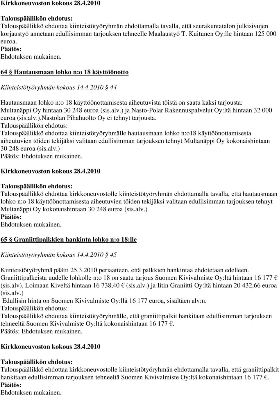 alv.) ja Nasto-Polar Rakennuspalvelut Oy:ltä hintaan 32 000 euroa (sis.alv.).nastolan Pihahuolto Oy ei tehnyt tarjousta.