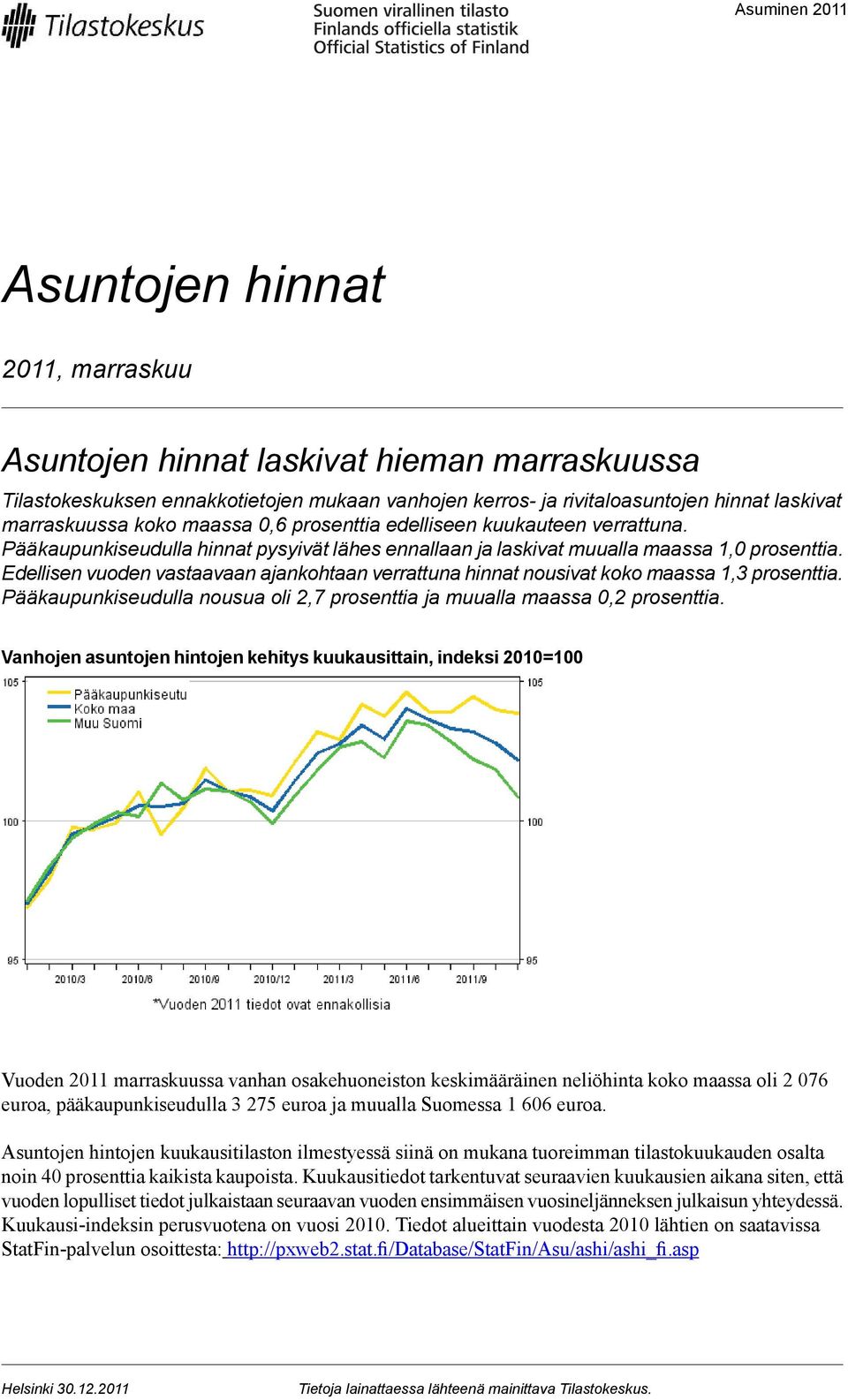 verrattuna hinnat nousivat koko maassa prosenttia Pääkaupunkiseudulla nousua oli 2,7 prosenttia ja muualla maassa 0,2 prosenttia Vanhojen asuntojen hintojen kehitys kuukausittain, indeksi 2010=100