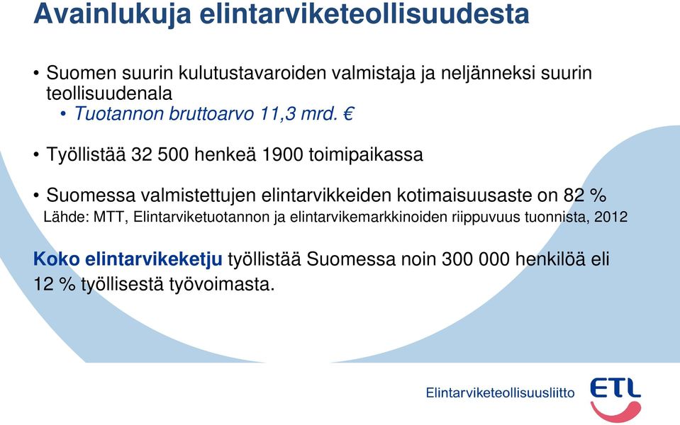 Työllistää 3 500 henkeä 900 toimipaikassa Suomessa valmistettujen elintarvikkeiden kotimaisuusaste on 8 %