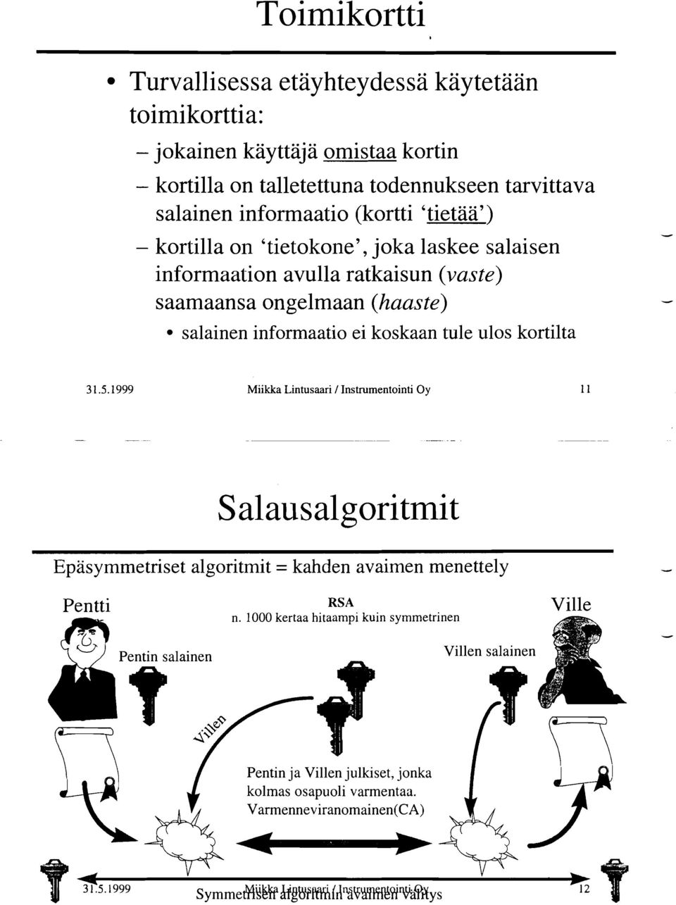 (haaste) salainen informaatio ei koskaan tule ulos kortilta Miikka Lintusaari / Instrumentointi Oy Salausalgoritmit Epasymmetriset algoritmit = kahden