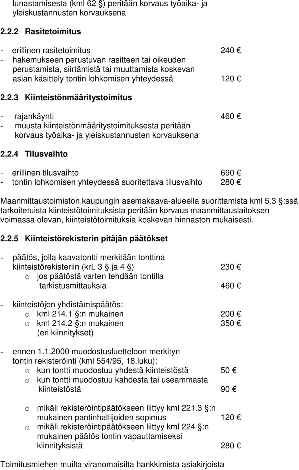 2.2 Rasitetoimitus - erillinen rasitetoimitus 240 - hakemukseen perustuvan rasitteen tai oikeuden perustamista, siirtämistä tai muuttamista koskevan asian käsittely tontin lohkomisen yhteydessä 120 2.