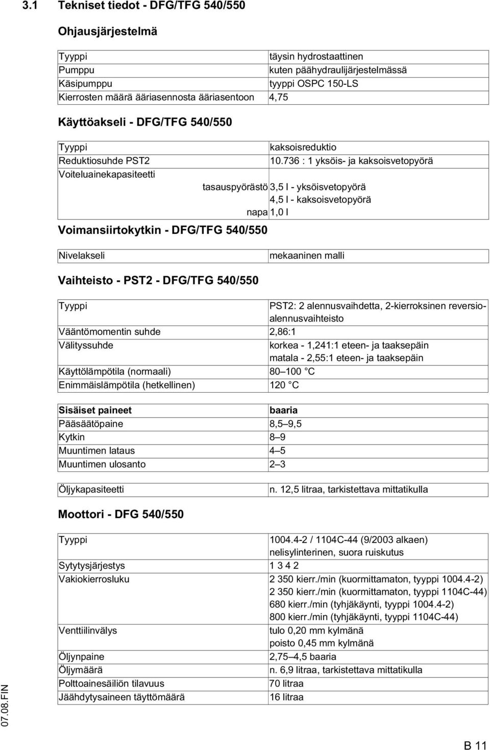 736 : 1 yksöis- ja kaksoisvetopyörä Voiteluainekapasiteetti tasauspyörästö 3,5 l - yksöisvetopyörä 4,5 l - kaksoisvetopyörä napa 1,0 l Voimansiirtokytkin - DG/TG 540/550 Nivelakseli mekaaninen malli