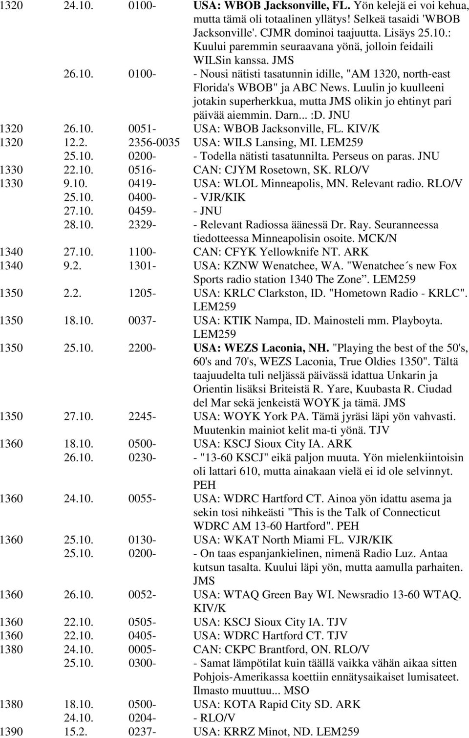 .. :D. JNU 1320 26.10. 0051- USA: WBOB Jacksonville, FL. KIV/K 1320 12.2. 2356-0035 USA: WILS Lansing, MI. LEM259 25.10. 0200- - Todella nätisti tasatunnilta. Perseus on paras. JNU 1330 22.10. 0516- CAN: CJYM Rosetown, SK.
