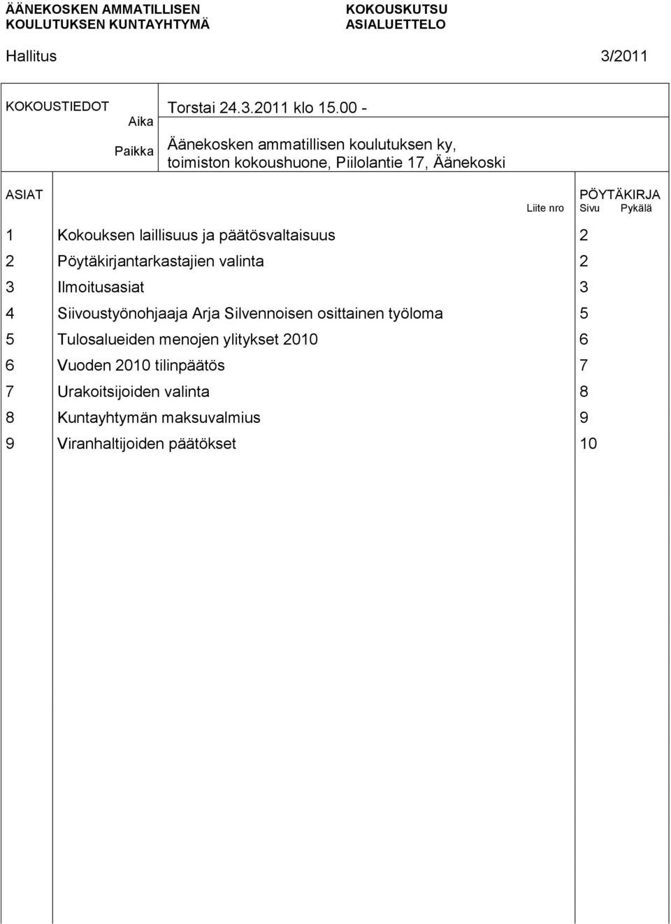 Kokouksen laillisuus ja päätösvaltaisuus 2 2 valinta 2 3 Ilmoitusasiat 3 4 Siivoustyönohjaaja Arja Silvennoisen osittainen työloma 5 5