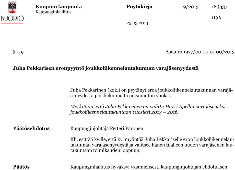 Merkitään, että Juha Pekkarinen on valittu Harri Apellin varajäseneksi joukkoliikennelautakuntaan vuosiksi 2013 2016. Kaupunginjohtaja Petteri Paronen Kh.